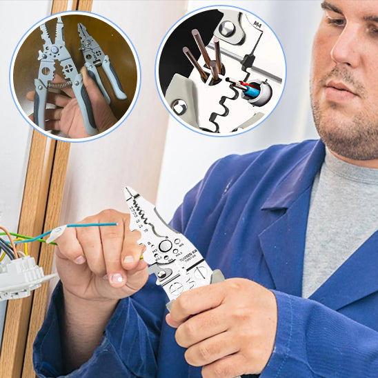 Pince a denuder avec electricien amateur montrant les differentes fonctions