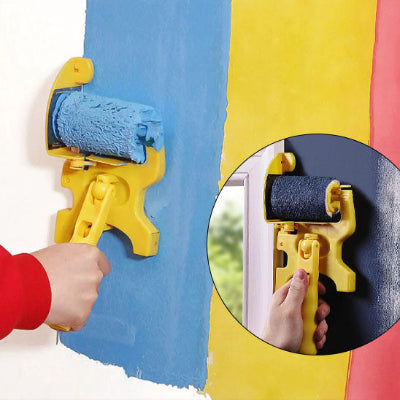 Rouleau facile peinture jaune en action sur mur et sur coin fenetre