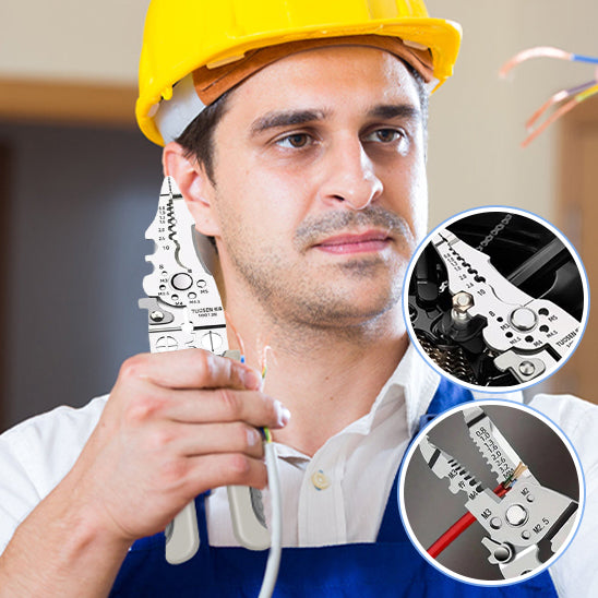 electricien tenant pince denuder sur cote gauche differentes possibilites