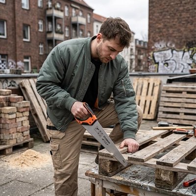 Homme taille une palette avec une Scie egoine Ă manche orange