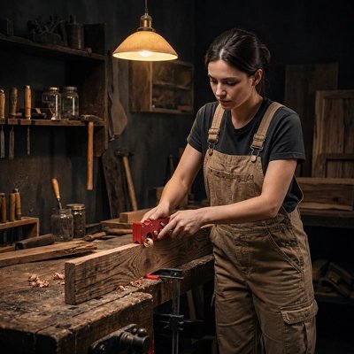 Rabot bois multi-lames A Sophie travaillant bois sur son etablie
