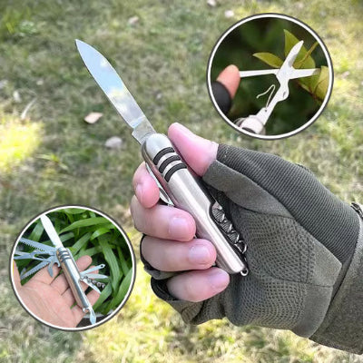 Couteau multi usages dans main gant coupant feuille et ses elements