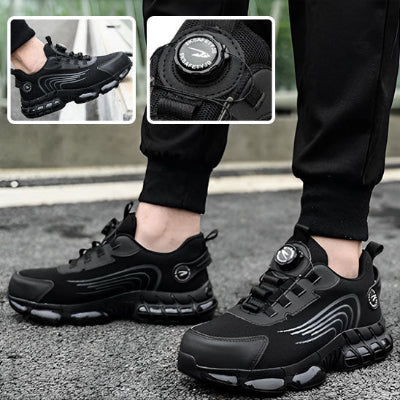 Jean portant chaussure embout en acier 4P et le montrant sur 3 photos