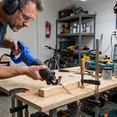 Marc avec sa scie sabre puissante polyvalente ajustant pied table