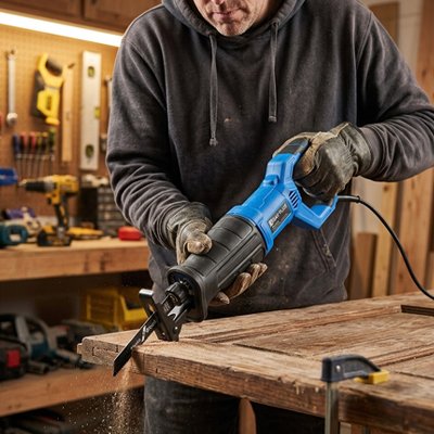 Marc utilisant scie sabre puissante polyvalente sur porte bois