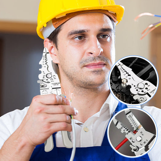 electricien tenant pince denuder sur cote gauche differentes possibilites