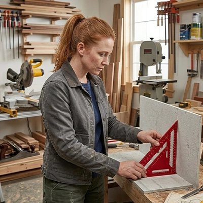 Femme mesure avec son Equerre menuisier Règle Triangulaire