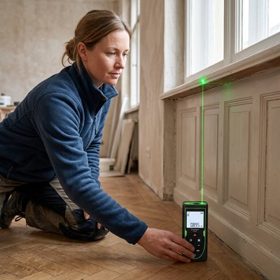 Femme ouvrier prend des mesures avec Télémètre laser Professionnel Vert