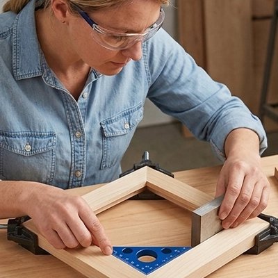 Femme travaille avec un Equerre menuisier Triangle Bleu