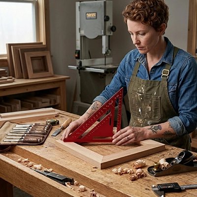 Femme travaille le bois avec un Equerre menuisier Règle Triangulaire