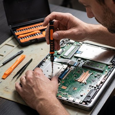 Homme répare son ordinateur avec Tournevis de précision Jeu 40 en 1