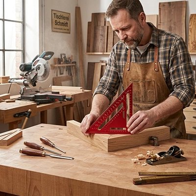 Homme travaille avec son Equerre menuisier Règle Triangulaire