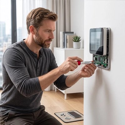 Homme utilise Tournevis à Chapeau Rouge sur appareil électrique maison