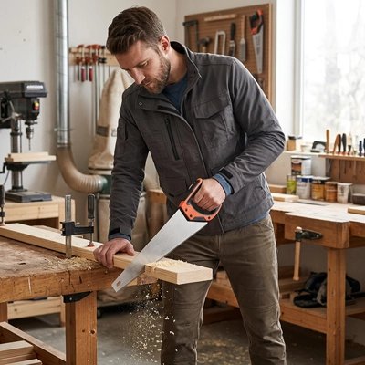 Homme utilise une Scie egoine Poignet souple  pour couper une planche
