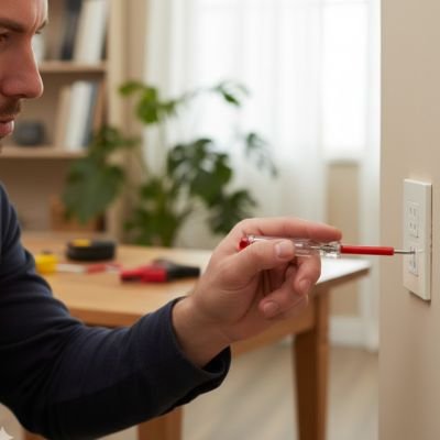 Homme vérifie électricité dans la prise avec Tournevis testeur Crayon VAT