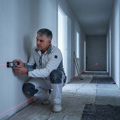 Peintre prend des mesures avec Télémètre laser Rechargeable