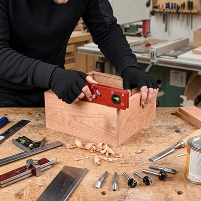 Rabot bois multi-lames A en action sur etablie entoure d'outils