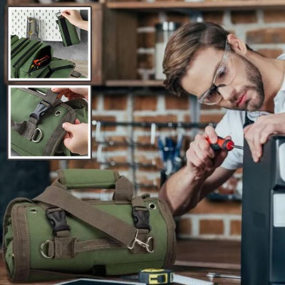 Sac a outils bandoulier vert militaire et differente actions avec Christian