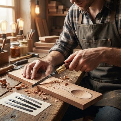 Scie a main palissade avec jean qui fabrique une grande cuillère