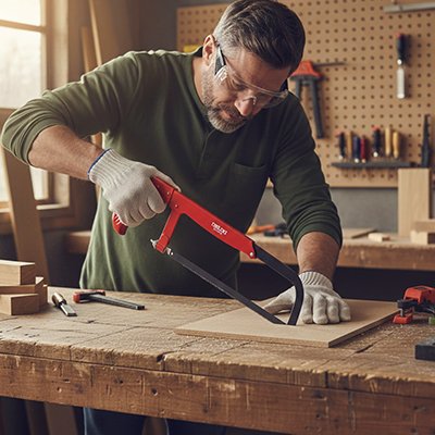 Scie à métaux toujours Max dans son garage travaillant bois