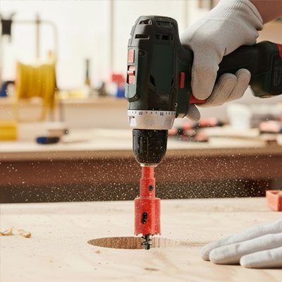 Scie cloche embout rouge troue plancher table